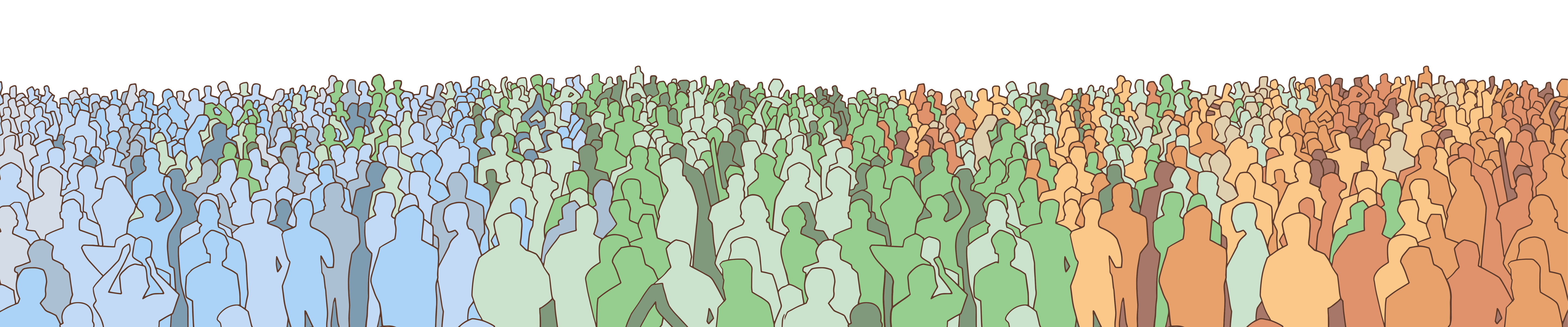 Illustration of large mass of people from wide angle in color