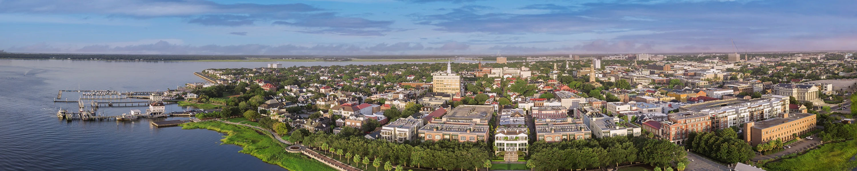 Charleston skyline with blue sky and clouds